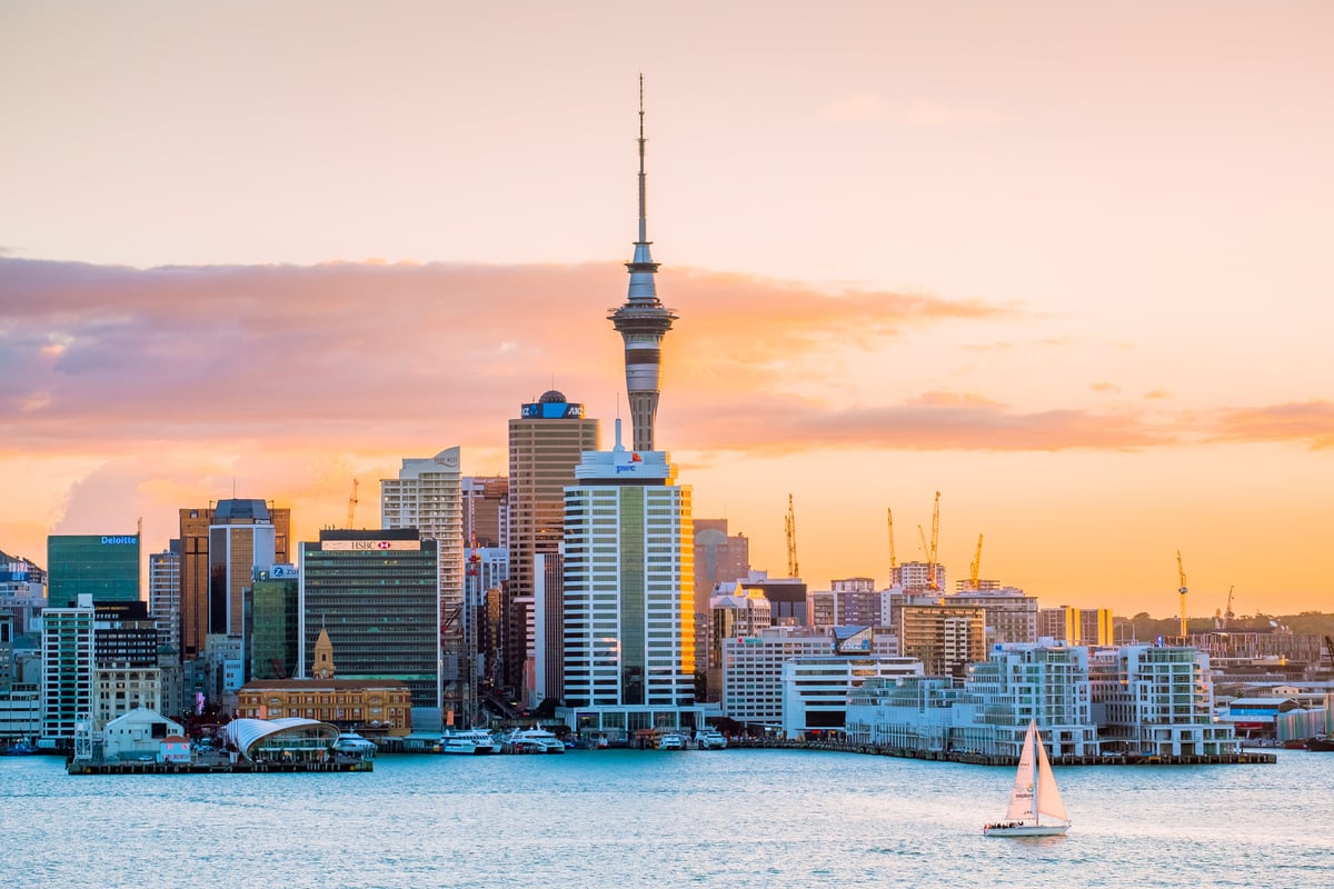 2018, JAN 3 - Auckland, New Zealand, Beautiful landcape of the building in Auckland city at dawn. View from Cyril Bassett VC Lookout.